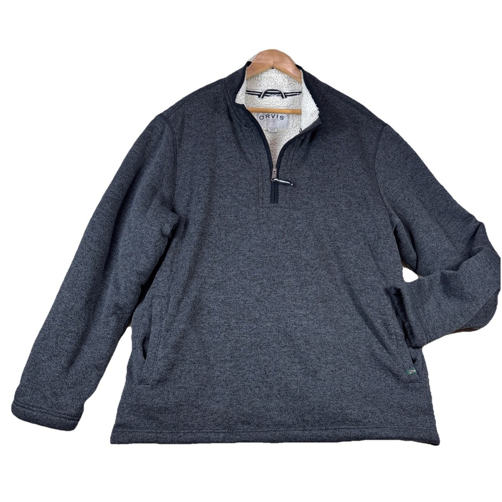 Orvis Sweater Mens‎ 2XL Gray Sherpa Lined Quarter Zip Pullover Fleece Warm XXL